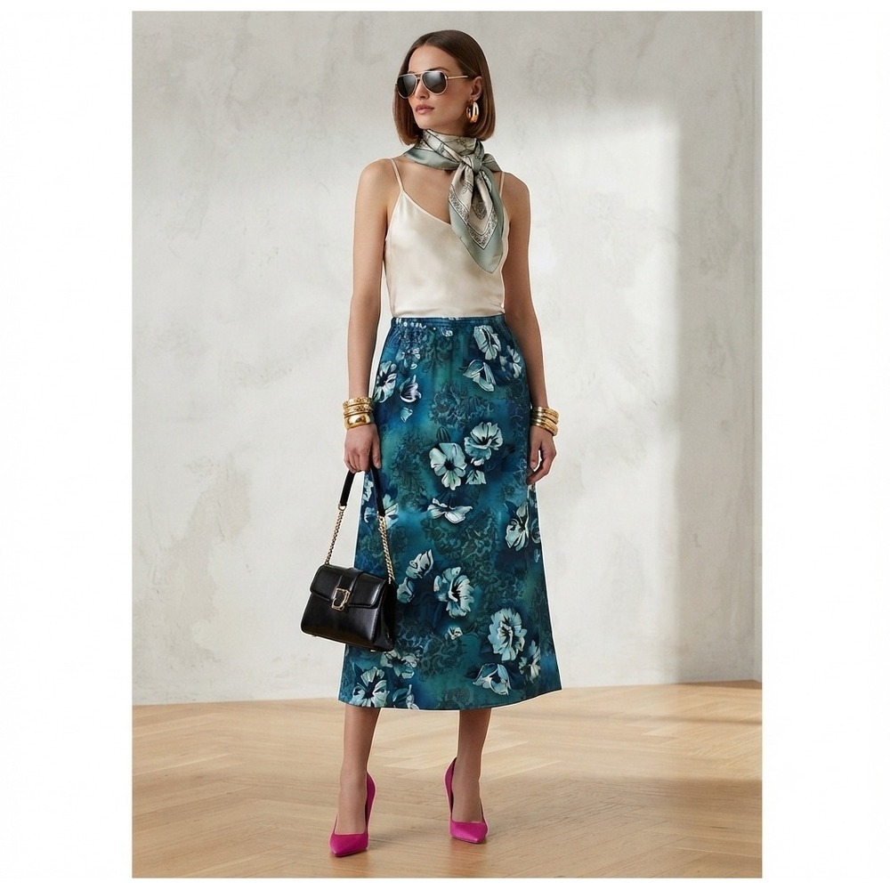 Liz Baker Petite Teal Floral Maxi Skirt Romantic Cottagecorecorecore Vintage